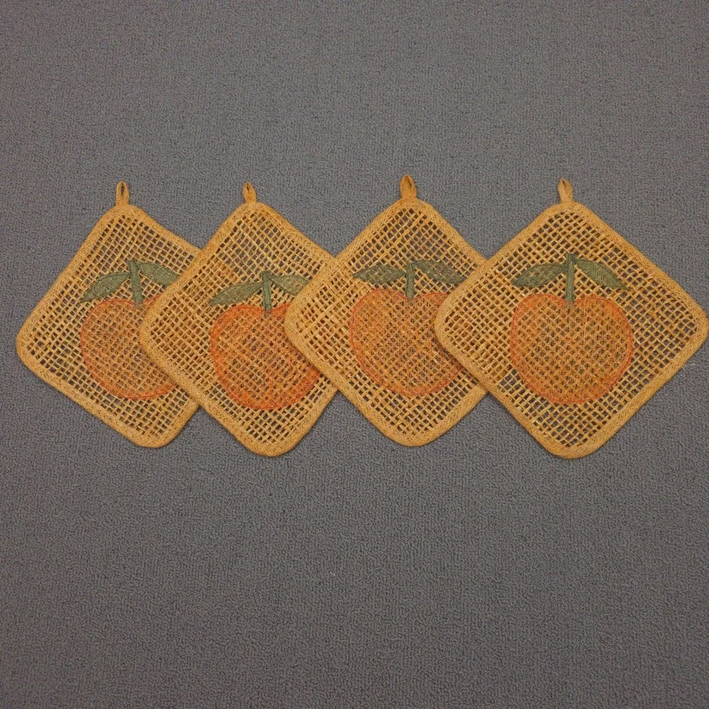 Vintage Woven Straw Peach Trivets Pot Holders Set of 4 Orange Tan‎ Boho Kitchen